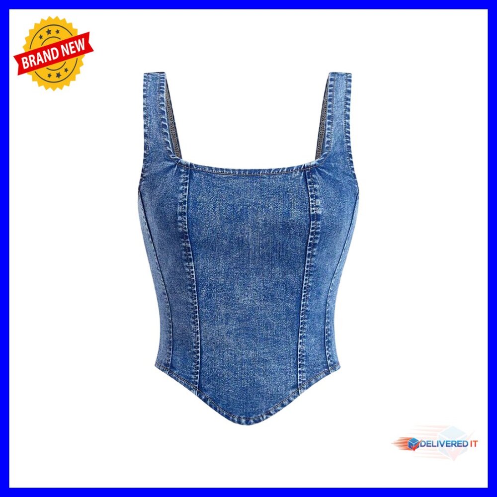 Denim Corset Tank Top Asymmetrical Hem Zip Back Crop Top